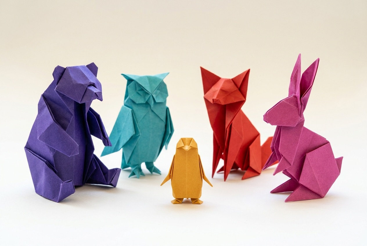 Four large folded paper animals, a bear, an owl, a fox and a hare, standing in a half circle around one small yellow paper penguin facing the camera.