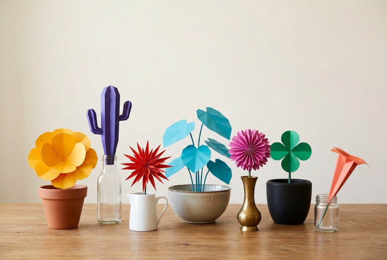 Seven folded paper plants in a row on a wooden table, each in its own different pot, vase, jug or jar: five flowers, a cactus and a leafy plant.