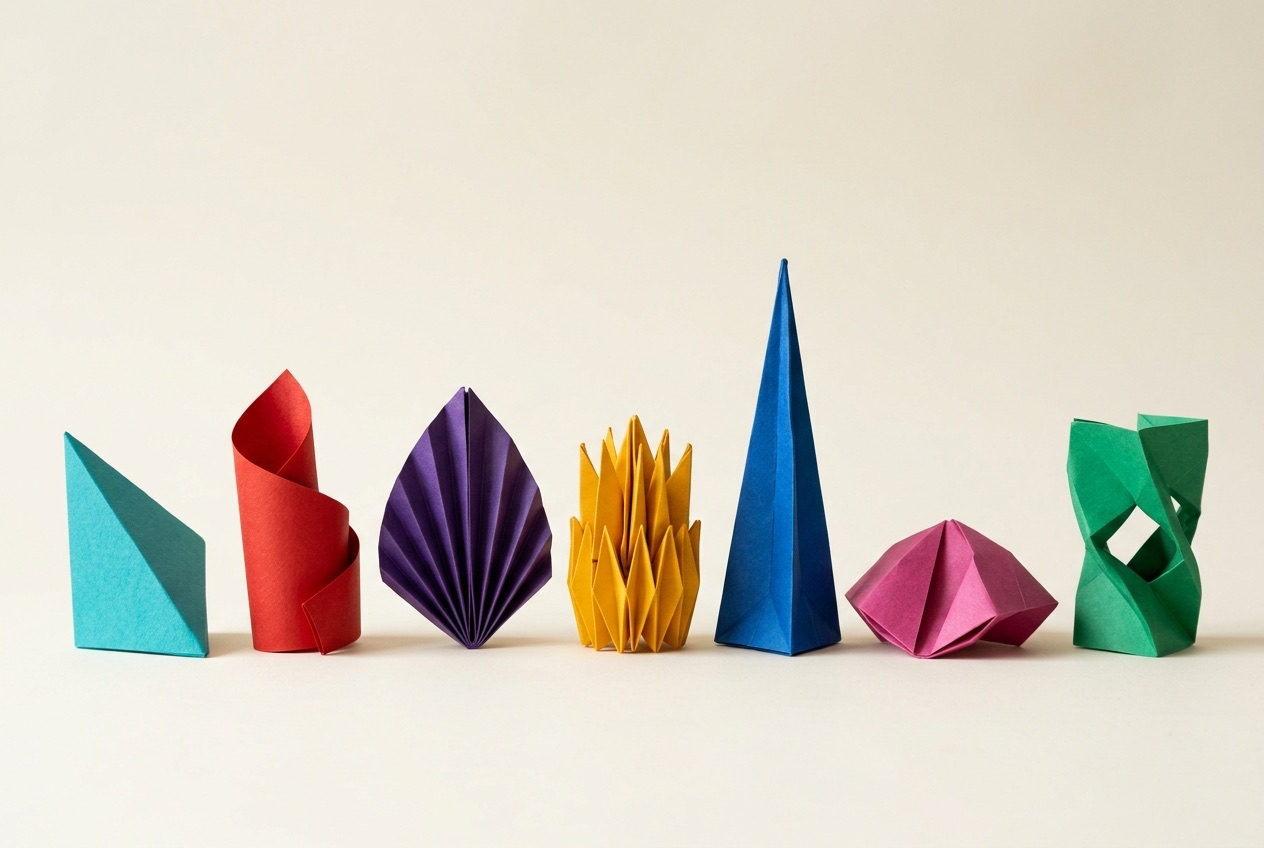 Seven folded paper forms in a row, no two alike in height, shape or colour.
