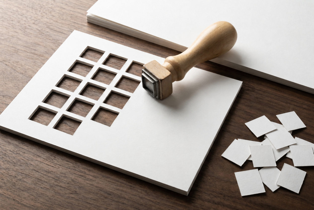 A rubber stamp with a pale wooden handle resting on a sheet of thick white card on a dark wooden desk, the card punched through with a grid of square holes showing the wood beneath, a stack of the same card behind it and the punched-out squares in a loose heap to one side.