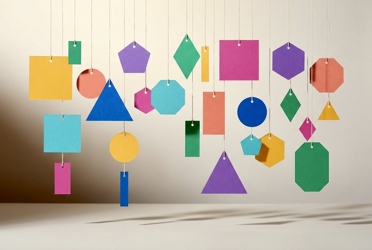 Thirteen blank paper care tags in three loose rows on warm grey, each in a bright colour with a punched hole: circles, squares, rectangles, a triangle, a pentagon, a hexagon, an octagon and a diamond.